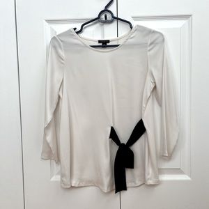 Ann Taylor Petite White Blouse with Black Tie-Knot Decor
